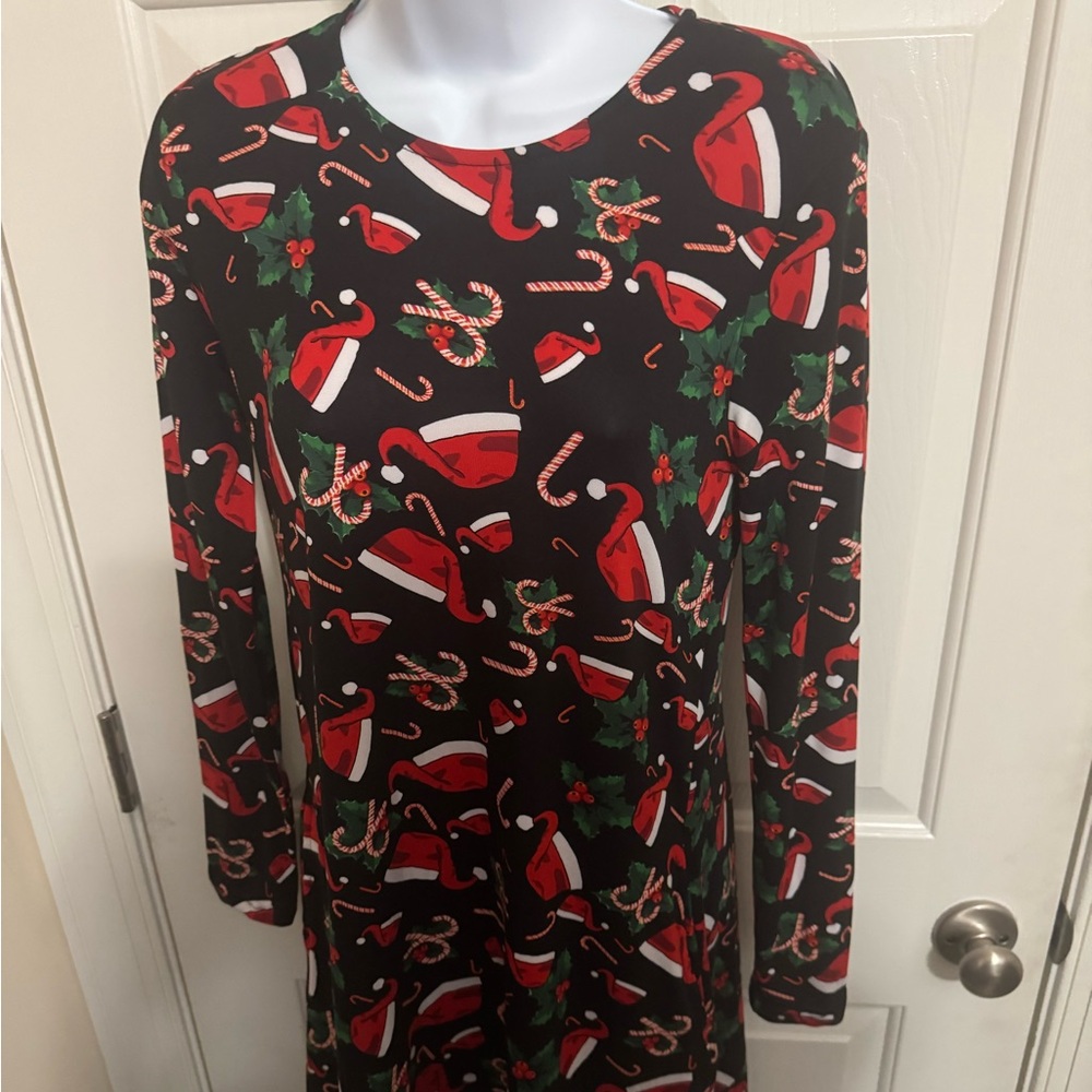 Womens Black Christmas Candy Cane Santa Hat Vine & Valley Long Sleeve Dress NWT